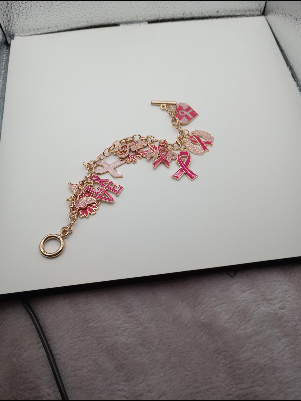 Gold Pink Breast Cancer Awareness Charm Bracelet - Picture 8 of 11